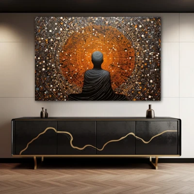 Wall Art titled: My Center in a  format with: Grey, and Orange Colors; Decoration the Sideboard wall
