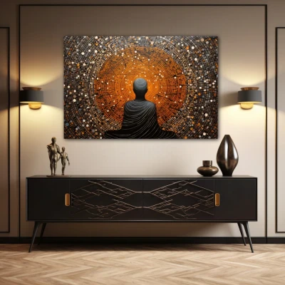 Wall Art titled: My Center in a  format with: Grey, and Orange Colors; Decoration the Sideboard wall
