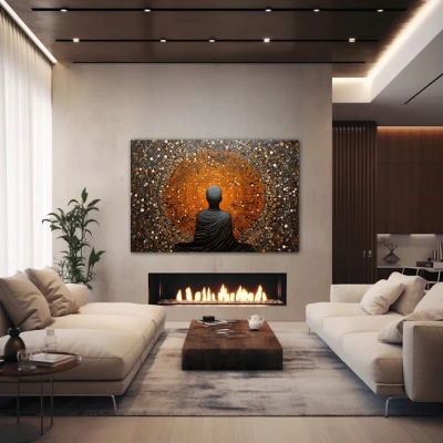 Wall Art titled: My Center in a  format with: Grey, and Orange Colors; Decoration the Fireplace wall