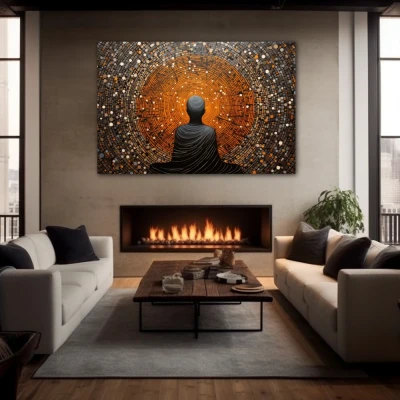 Wall Art titled: My Center in a  format with: Grey, and Orange Colors; Decoration the Fireplace wall