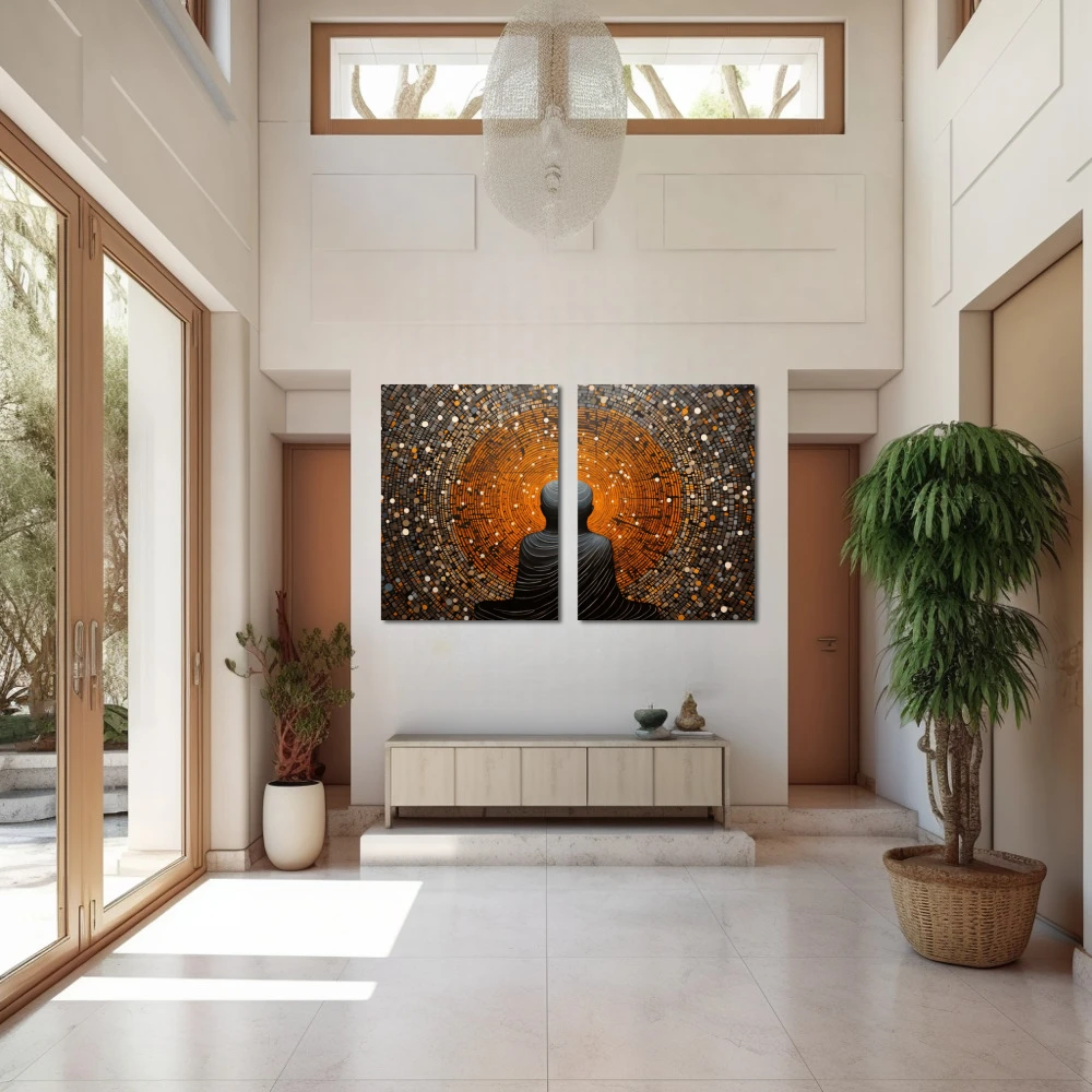 Cuadro mi centro en formato díptico con colores gris, naranja; decorando pared de entrada y recibidor
