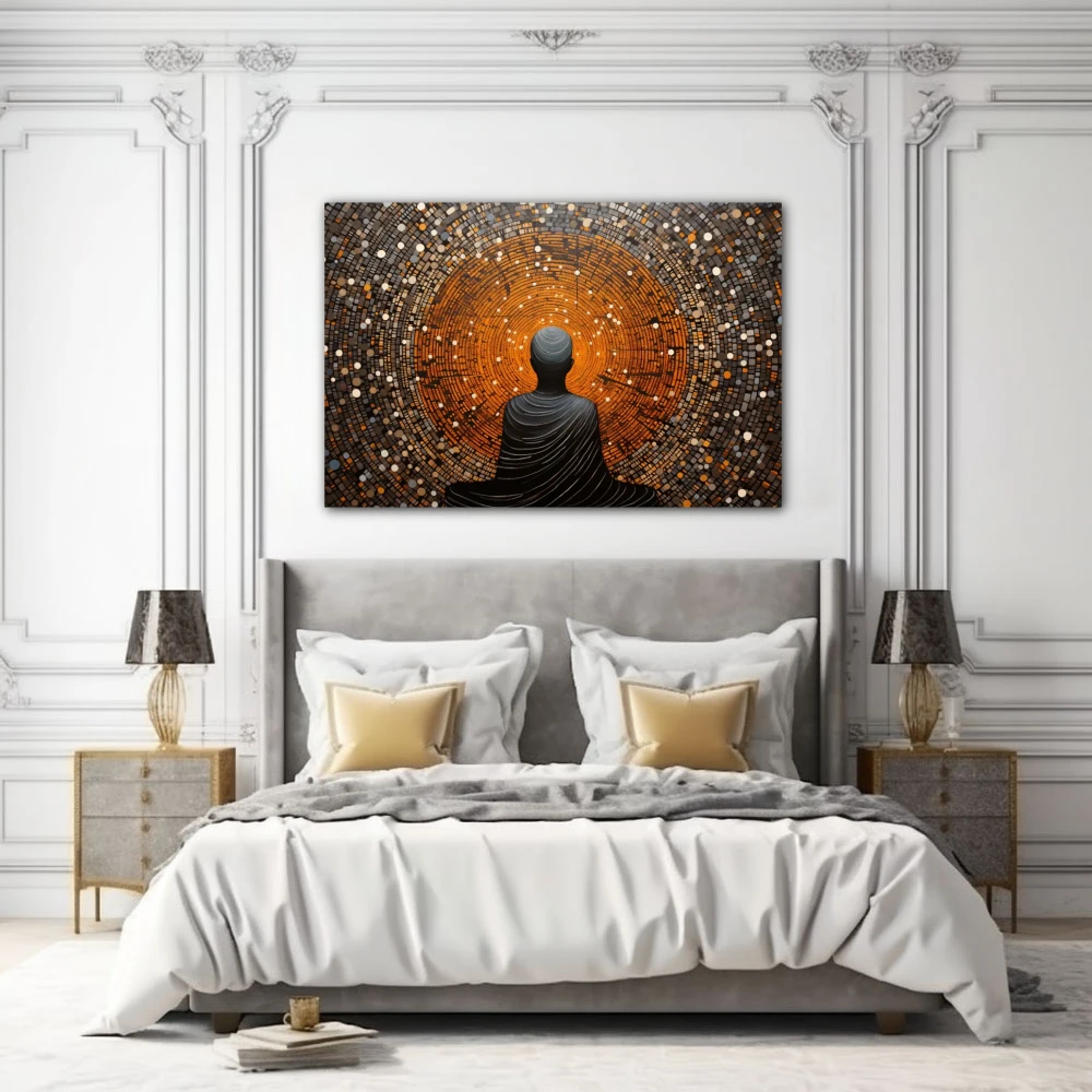 Cuadro mi centro en formato horizontal con colores gris, naranja; decorando pared de habitación dormitorio
