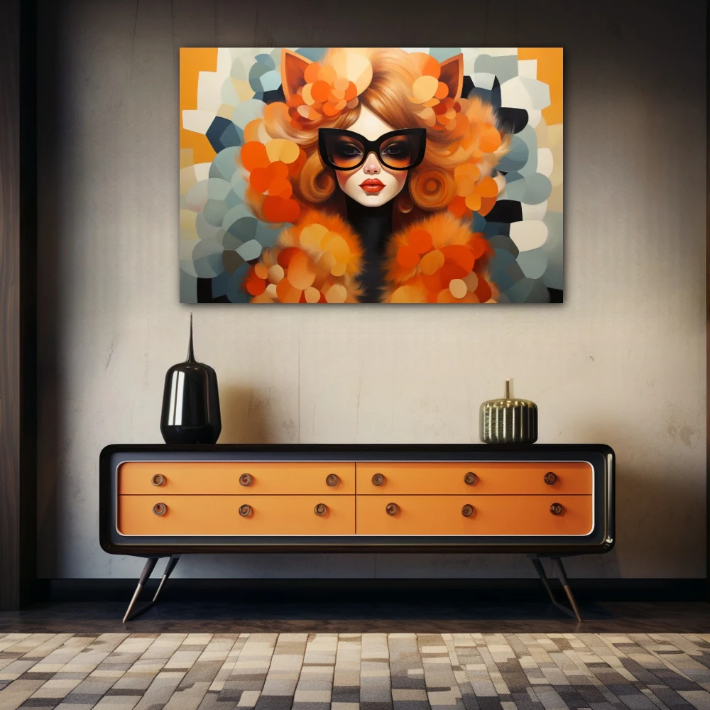 Wall Art titled: Femme Fleur in a Horizontal format with: Grey, and Orange Colors; Decoration the Sideboard wall