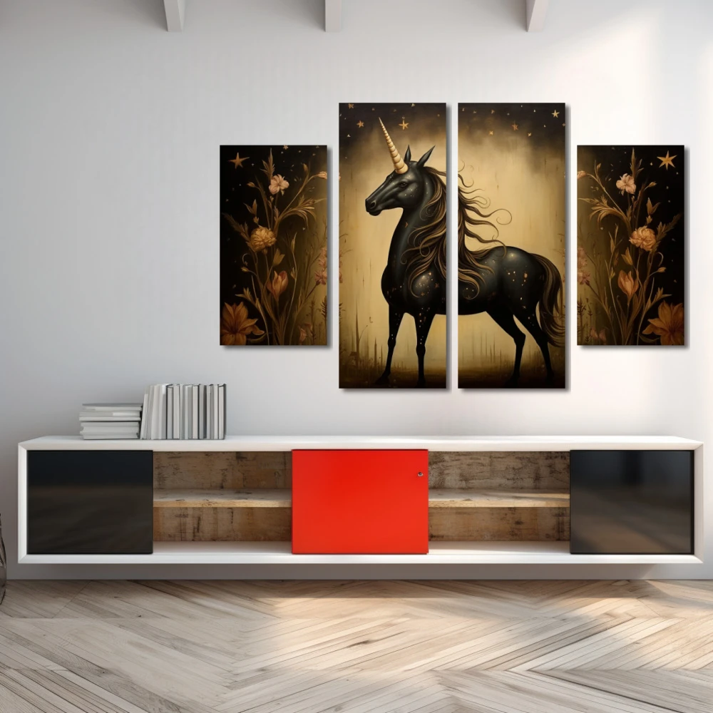 Wall Art titled: Nocturnal Myth in Bloom in a Horizontal format with: Golden, Brown, and Black Colors; Decoration the Sideboard wall