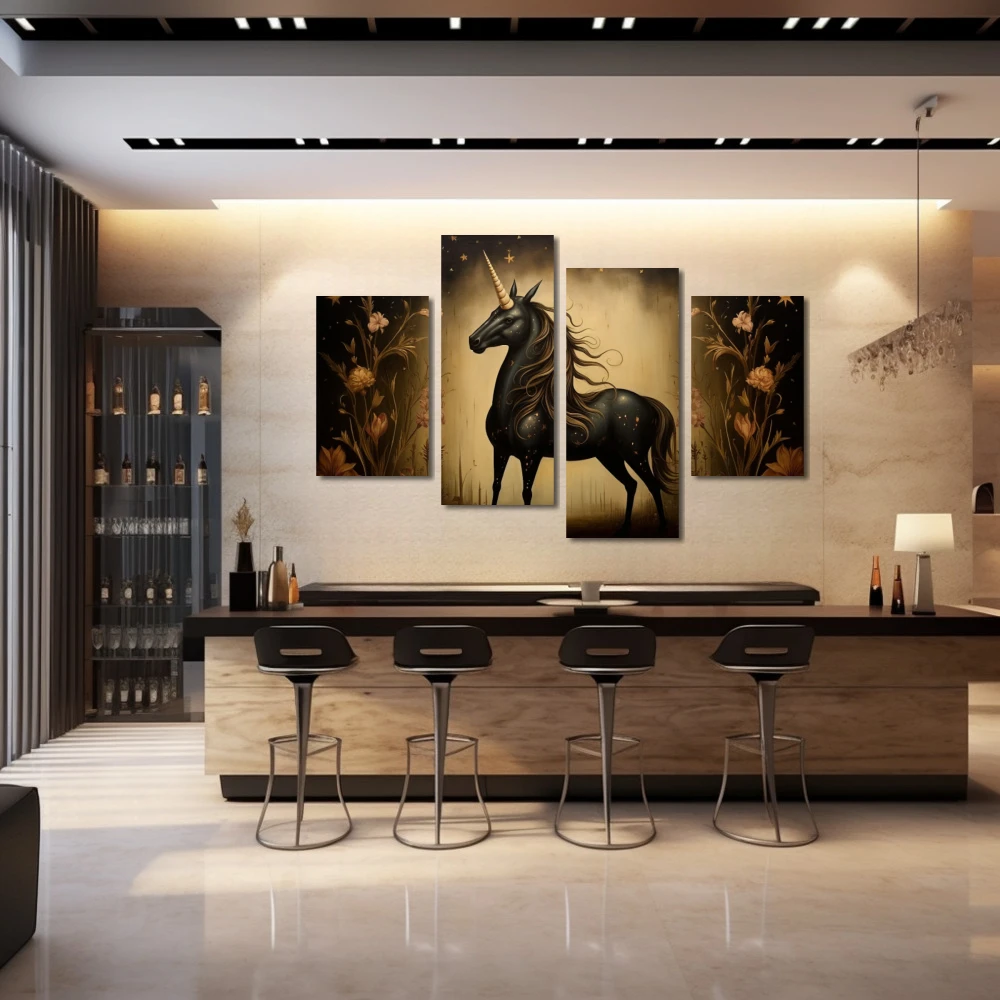 Wall Art titled: Nocturnal Myth in Bloom in a Horizontal format with: Golden, Brown, and Black Colors; Decoration the Bar wall