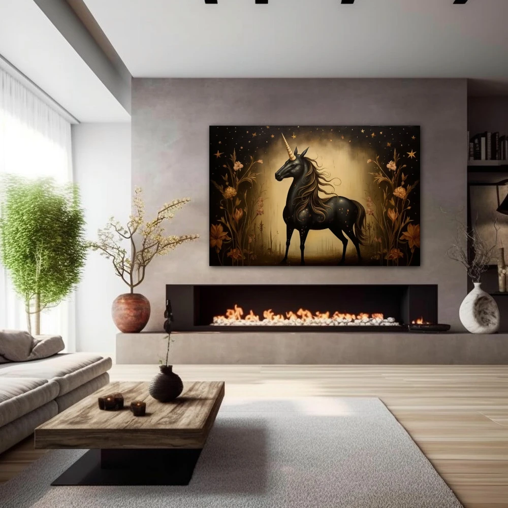 Wall Art titled: Nocturnal Myth in Bloom in a Horizontal format with: Golden, Brown, and Black Colors; Decoration the Fireplace wall