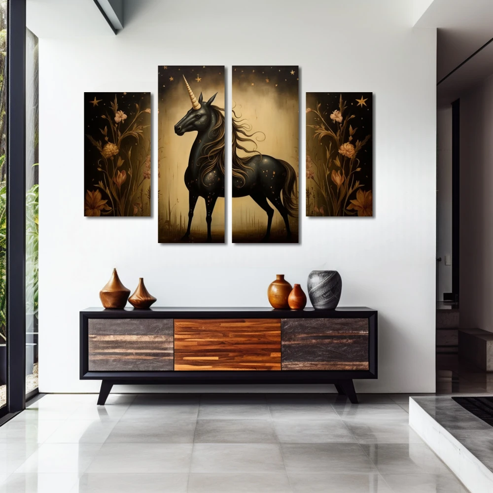 Wall Art titled: Nocturnal Myth in Bloom in a Horizontal format with: Golden, Brown, and Black Colors; Decoration the Entryway wall