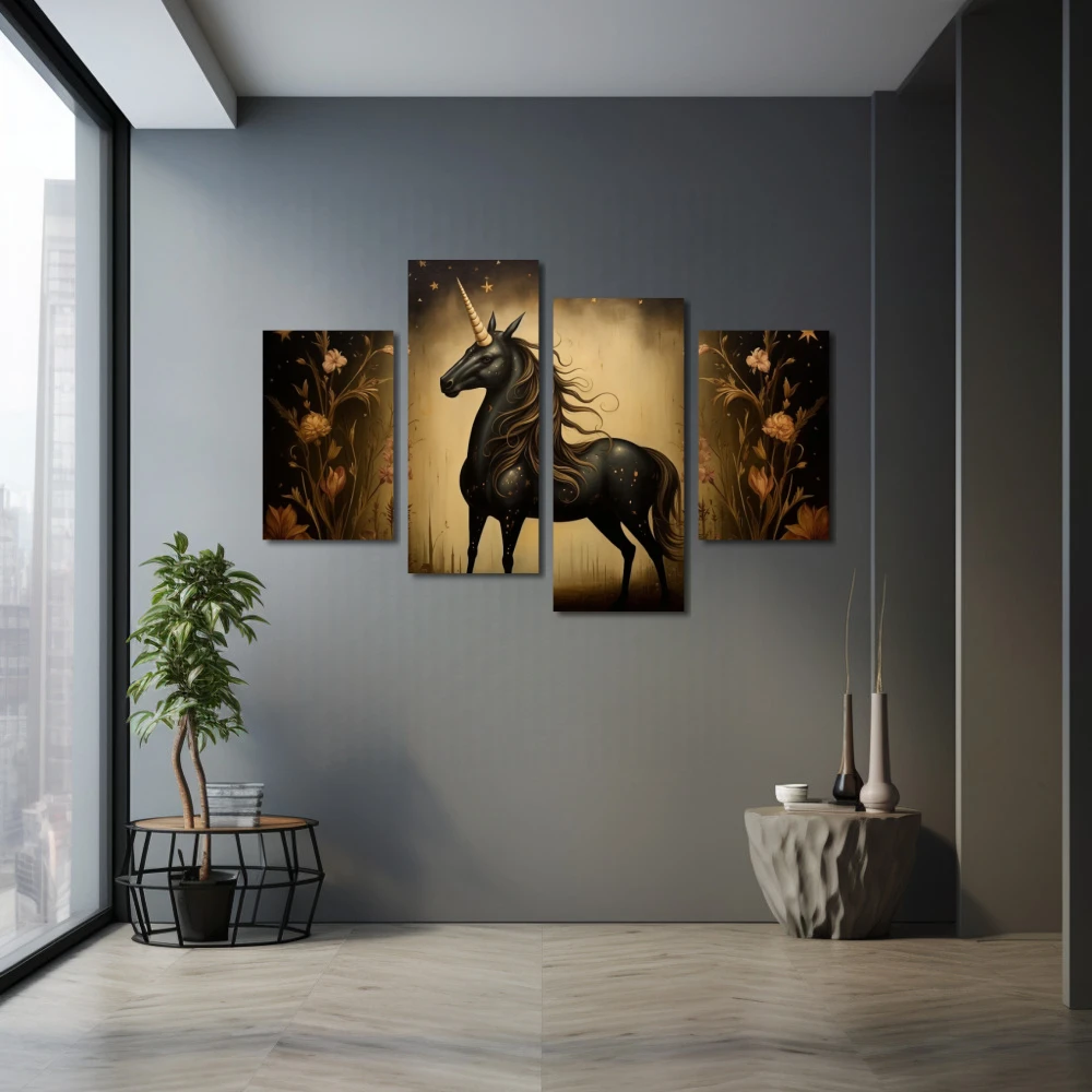 Wall Art titled: Nocturnal Myth in Bloom in a Horizontal format with: Golden, Brown, and Black Colors; Decoration the Grey Walls wall
