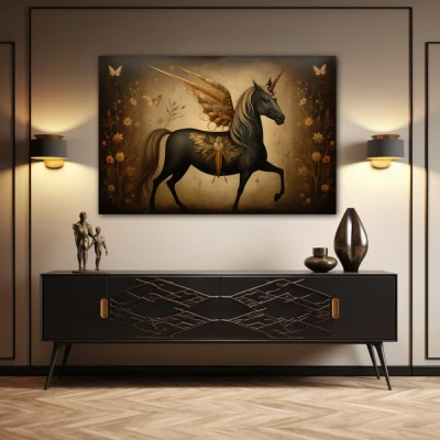 Wall Art titled: Dreamlike Gallop in a  format with: Golden, and Brown Colors; Decoration the Sideboard wall