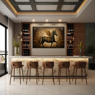 Wall Art titled: Dreamlike Gallop in a  format with: Golden, and Brown Colors; Decoration the Bar wall