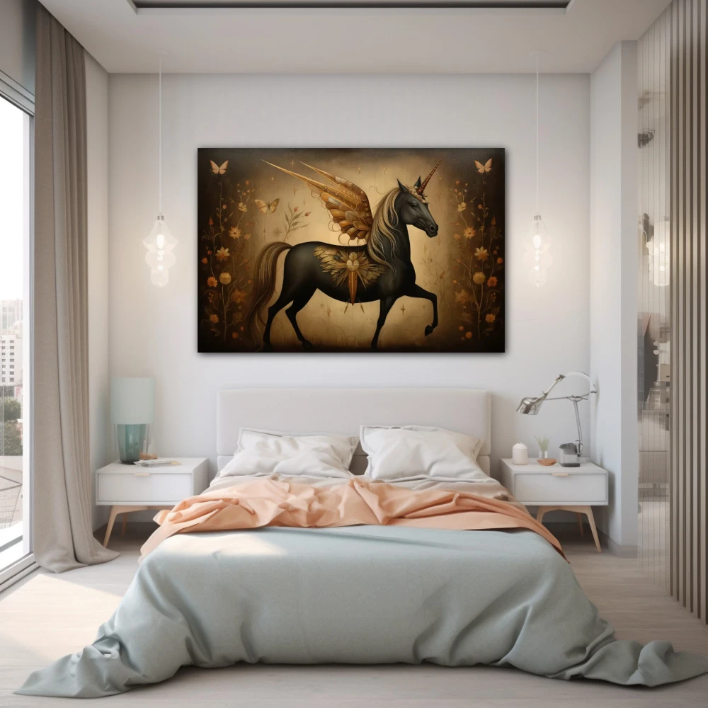 Wall Art titled: Dreamlike Gallop in a Horizontal format with: Golden, and Brown Colors; Decoration the Teenage wall