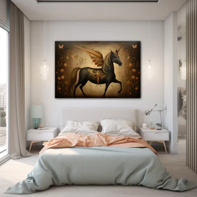 Wall Art titled: Dreamlike Gallop in a  format with: Golden, and Brown Colors; Decoration the Teenage wall