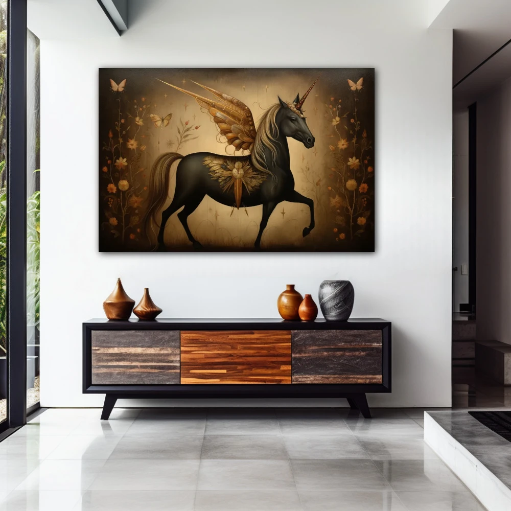 Wall Art titled: Dreamlike Gallop in a Horizontal format with: Golden, and Brown Colors; Decoration the Entryway wall