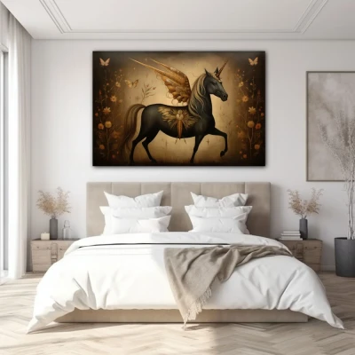 Wall Art titled: Dreamlike Gallop in a  format with: Golden, and Brown Colors; Decoration the Bedroom wall