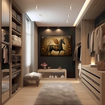 Wall Art titled: Dreamlike Gallop in a  format with: Golden, and Brown Colors; Decoration the Dressing Room wall