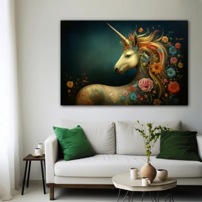 Wall Art titled: Essence of Fantasy in a Horizontal format with: Blue, and Orange Colors; Decoration the White Wall wall