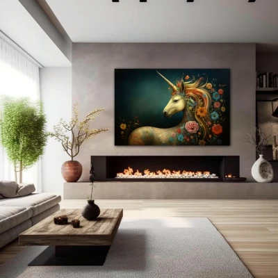 Wall Art titled: Essence of Fantasy in a Horizontal format with: Blue, and Orange Colors; Decoration the Fireplace wall
