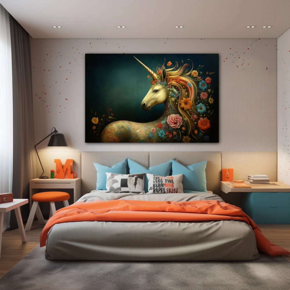 Cuadro esencia de fantasía en formato horizontal con colores azul, naranja; decorando pared de dormitorio juvenil