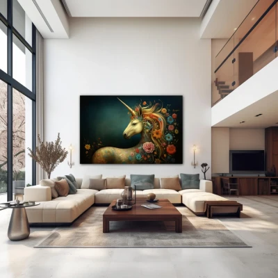 Wall Art titled: Essence of Fantasy in a Horizontal format with: Blue, and Orange Colors; Decoration the Above Couch wall