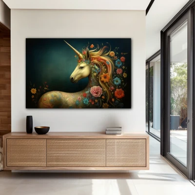 Wall Art titled: Essence of Fantasy in a Horizontal format with: Blue, and Orange Colors; Decoration the Entryway wall