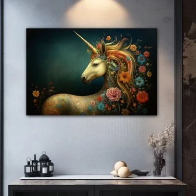 Wall Art titled: Essence of Fantasy in a Horizontal format with: Blue, and Orange Colors; Decoration the Grey Walls wall