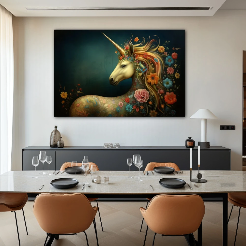 Cuadro esencia de fantasía en formato horizontal con colores azul, naranja; decorando pared de salón comedor