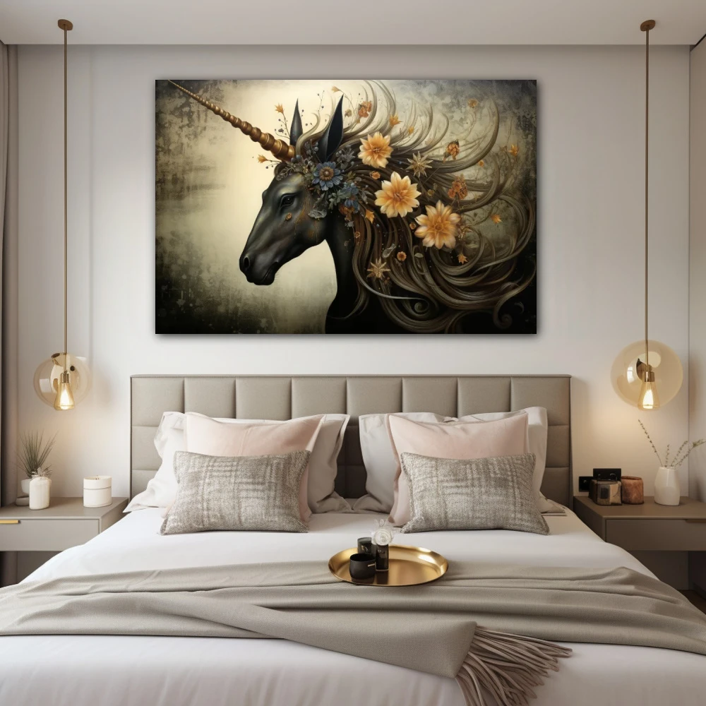 Cuadro sinfonía de nostalgia mítica en formato horizontal con colores dorado, gris, beige; decorando pared de habitación dormitorio