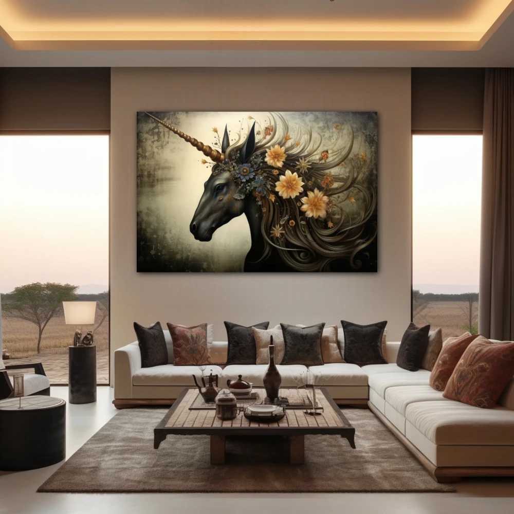 Wall Art titled: Symphony of Mythical Nostalgia in a Horizontal format with: Golden, Grey, and Beige Colors; Decoration the Living Room wall