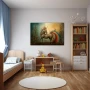 Wall Art titled: Gallop Towards Gaia in a Horizontal format with: Blue, Golden, and Red Colors; Decoration the Nursery wall