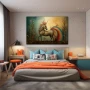Cuadro Galope hacia Gaia en formato horizontal con colores Azul, Dorado, Rojo; Decorando pared de Dormitorio Juvenil