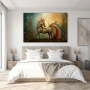 Wall Art titled: Gallop Towards Gaia in a Horizontal format with: Blue, Golden, and Red Colors; Decoration the Bedroom wall