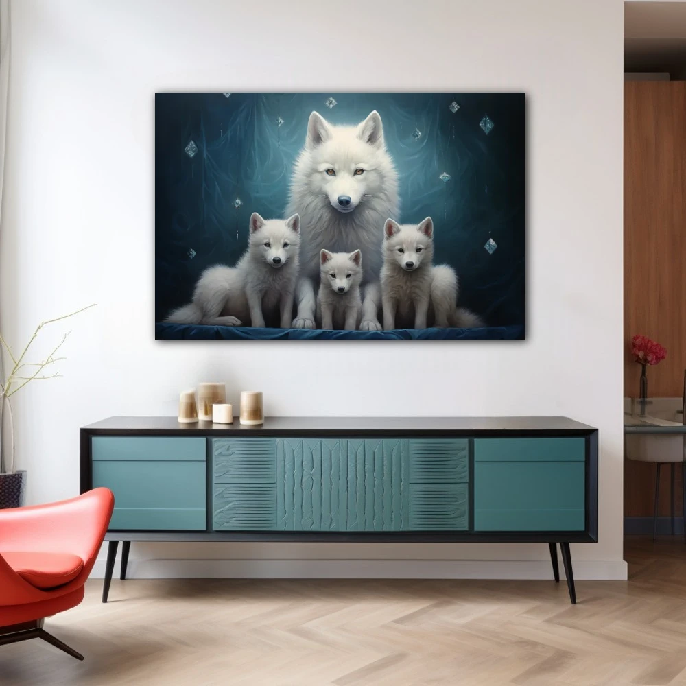Wall Art titled: Guardians of the Essence in a Horizontal format with: Blue, white, and Navy Blue Colors; Decoration the Sideboard wall