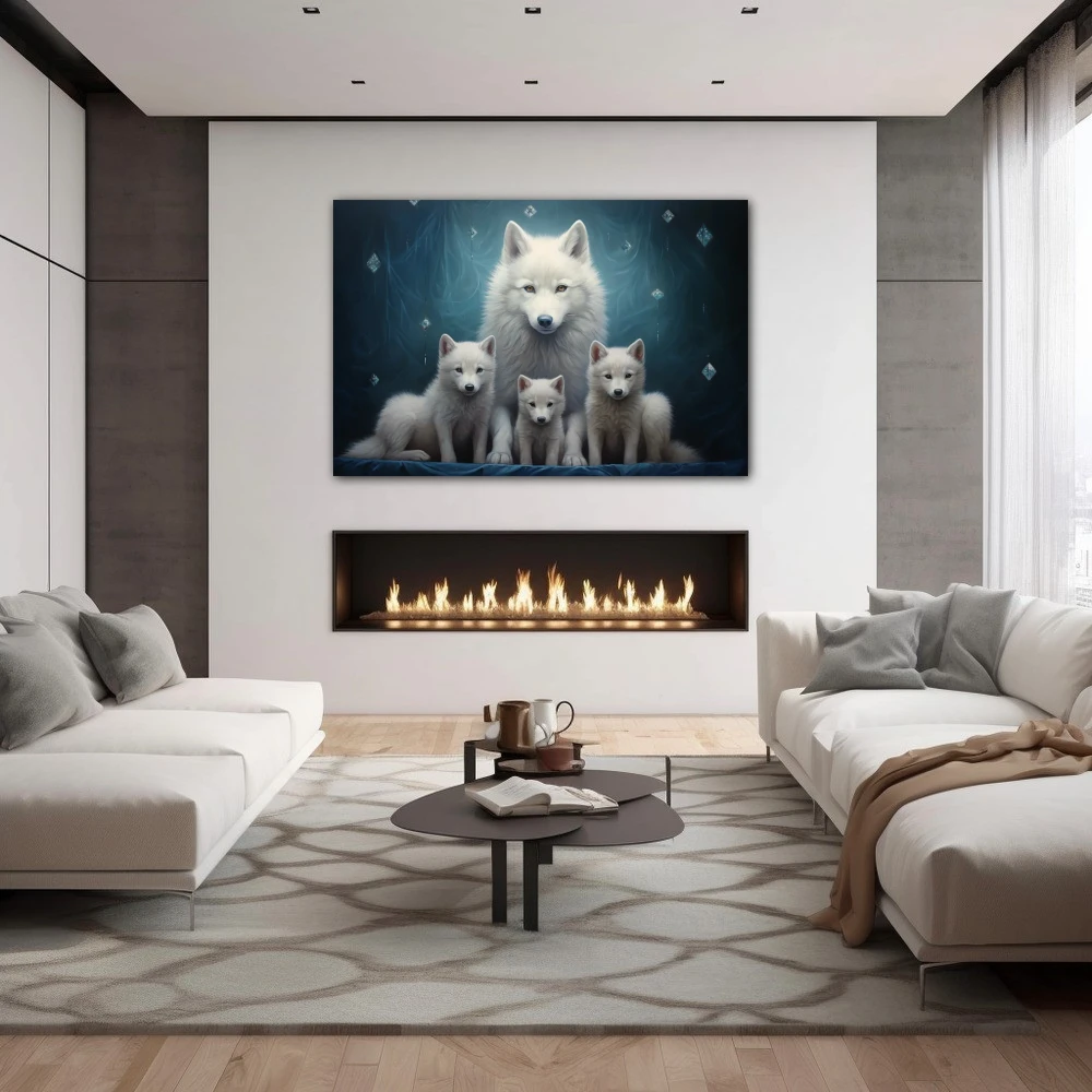 Wall Art titled: Guardians of the Essence in a Horizontal format with: Blue, white, and Navy Blue Colors; Decoration the Fireplace wall
