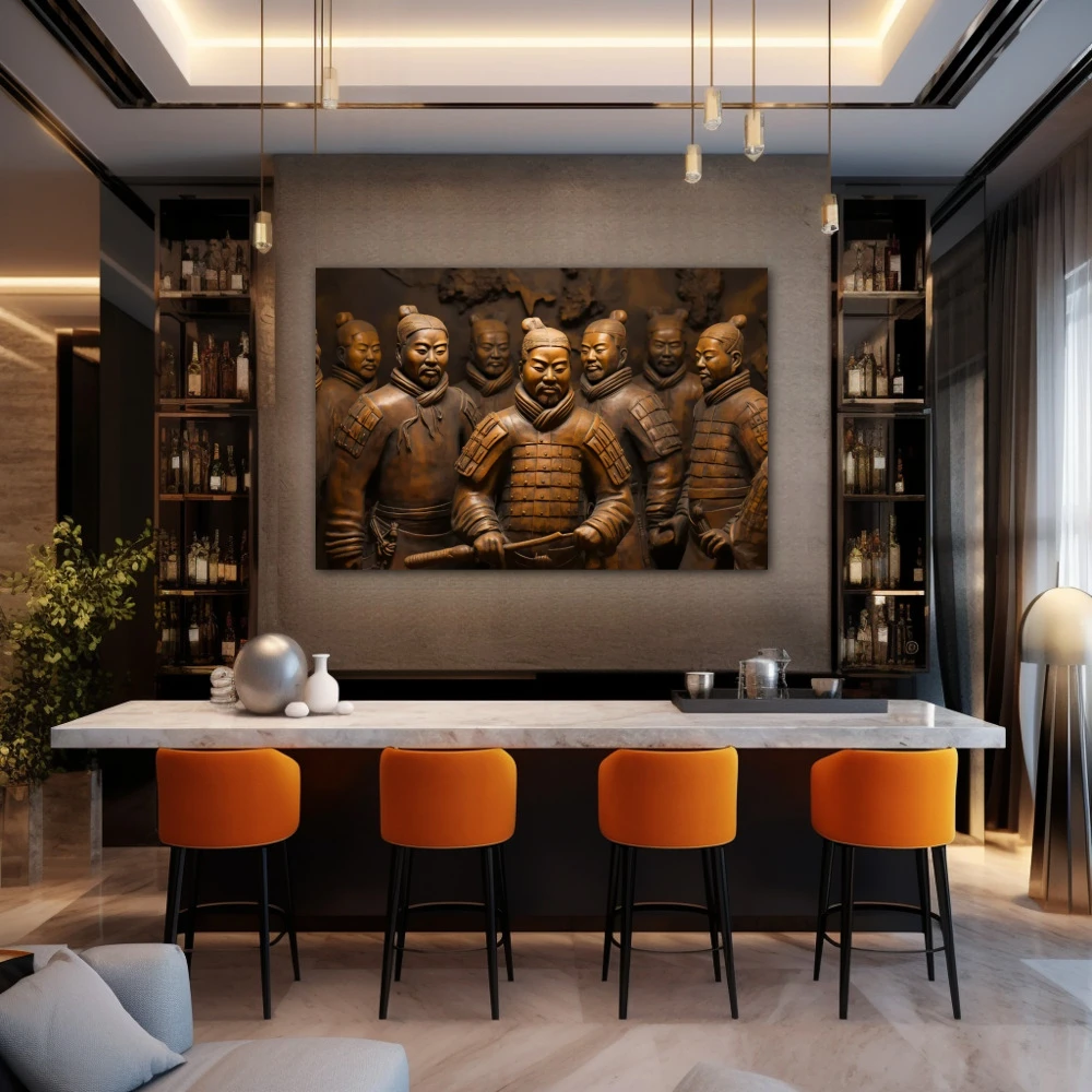 Wall Art titled: Terracotta Warriors in a Horizontal format with: and Golden Colors; Decoration the Bar wall