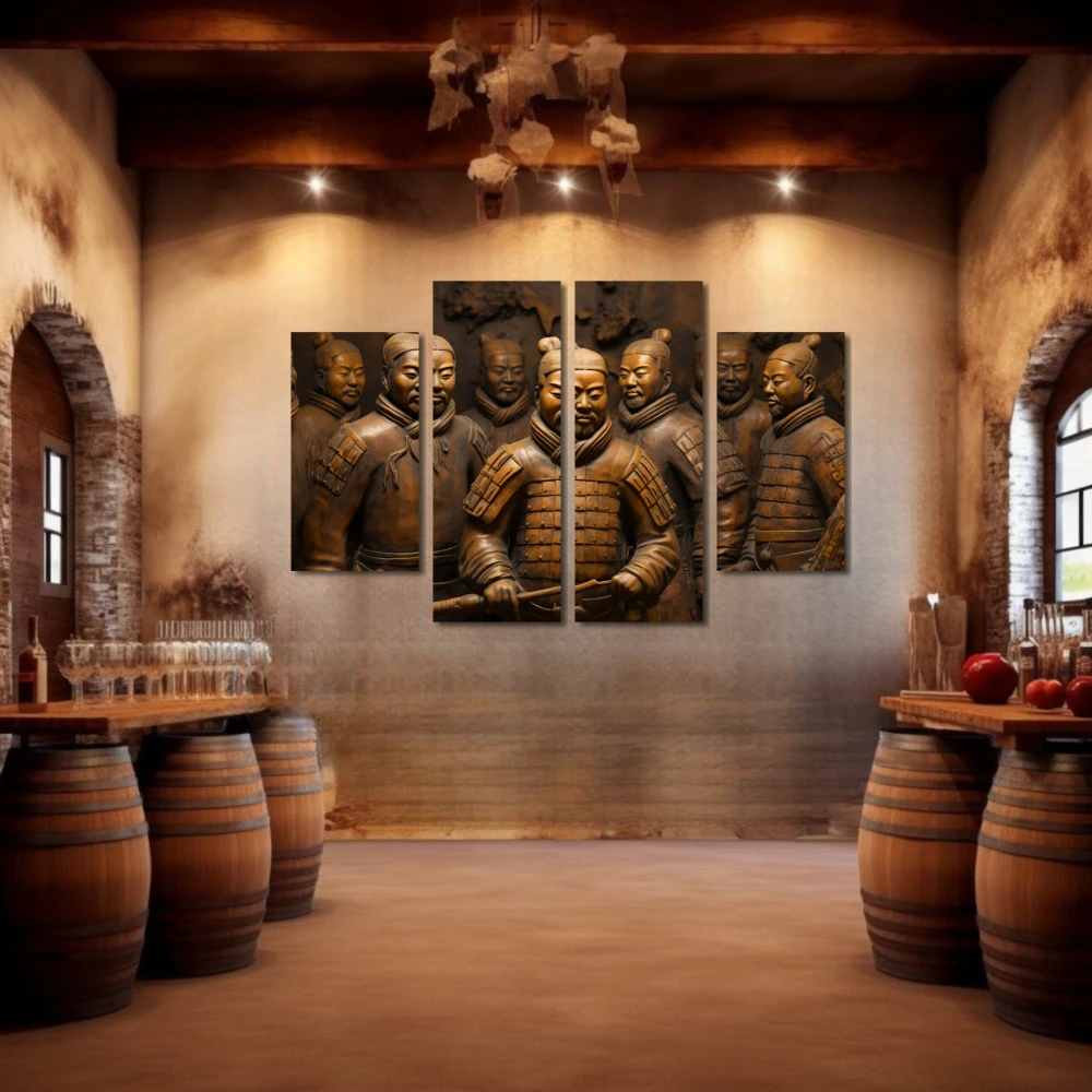 Wall Art titled: Terracotta Warriors in a Horizontal format with: and Golden Colors; Decoration the Winery wall