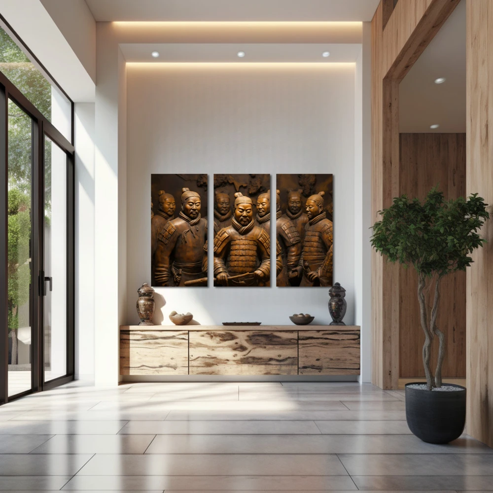Wall Art titled: Terracotta Warriors in a Horizontal format with: and Golden Colors; Decoration the Entryway wall