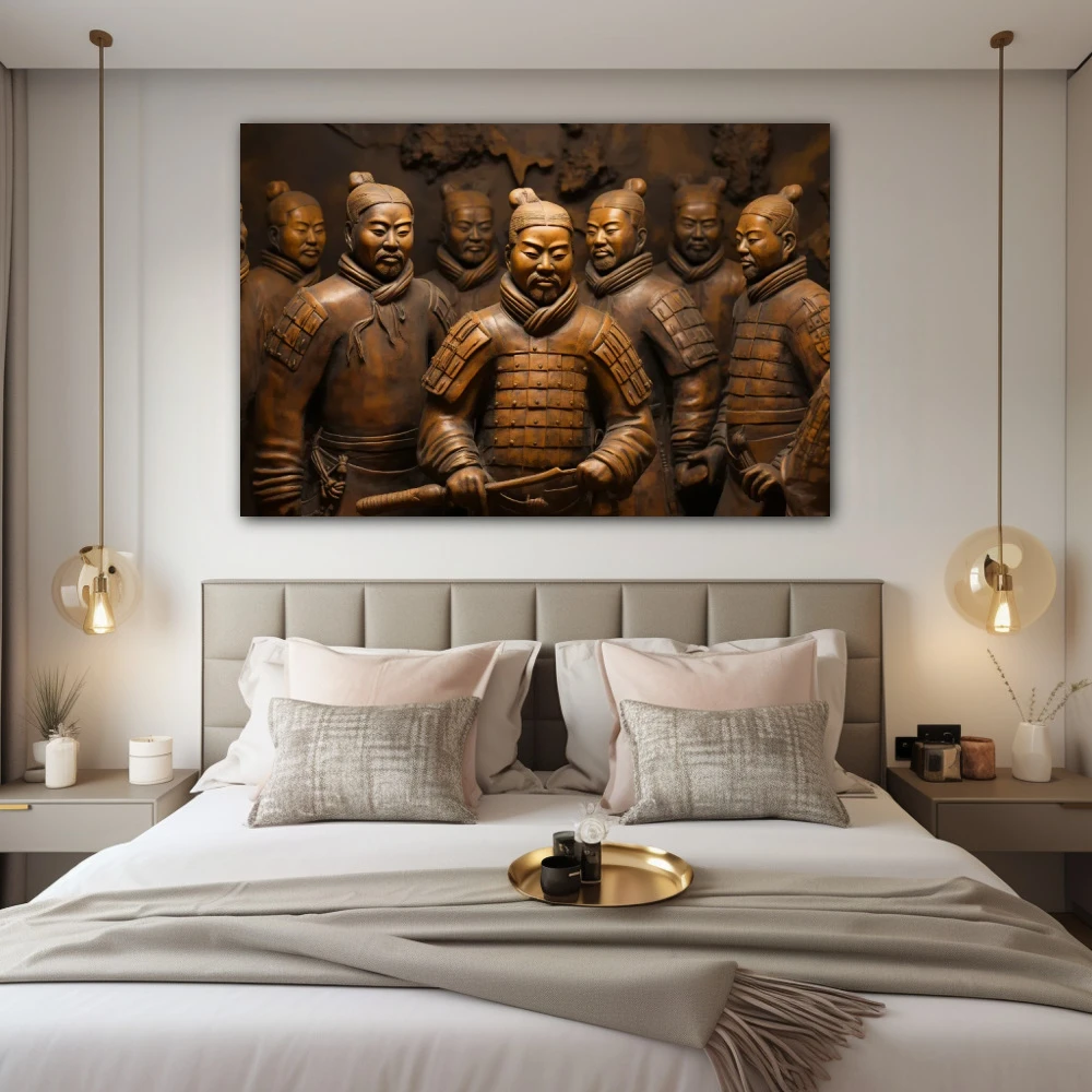 Cuadro guerreros de terracota en formato horizontal con colores dorado; decorando pared de habitación dormitorio