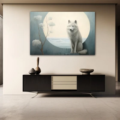 Wall Art titled: Twilight Guardian in a  format with: white, Grey, and Monochromatic Colors; Decoration the Sideboard wall