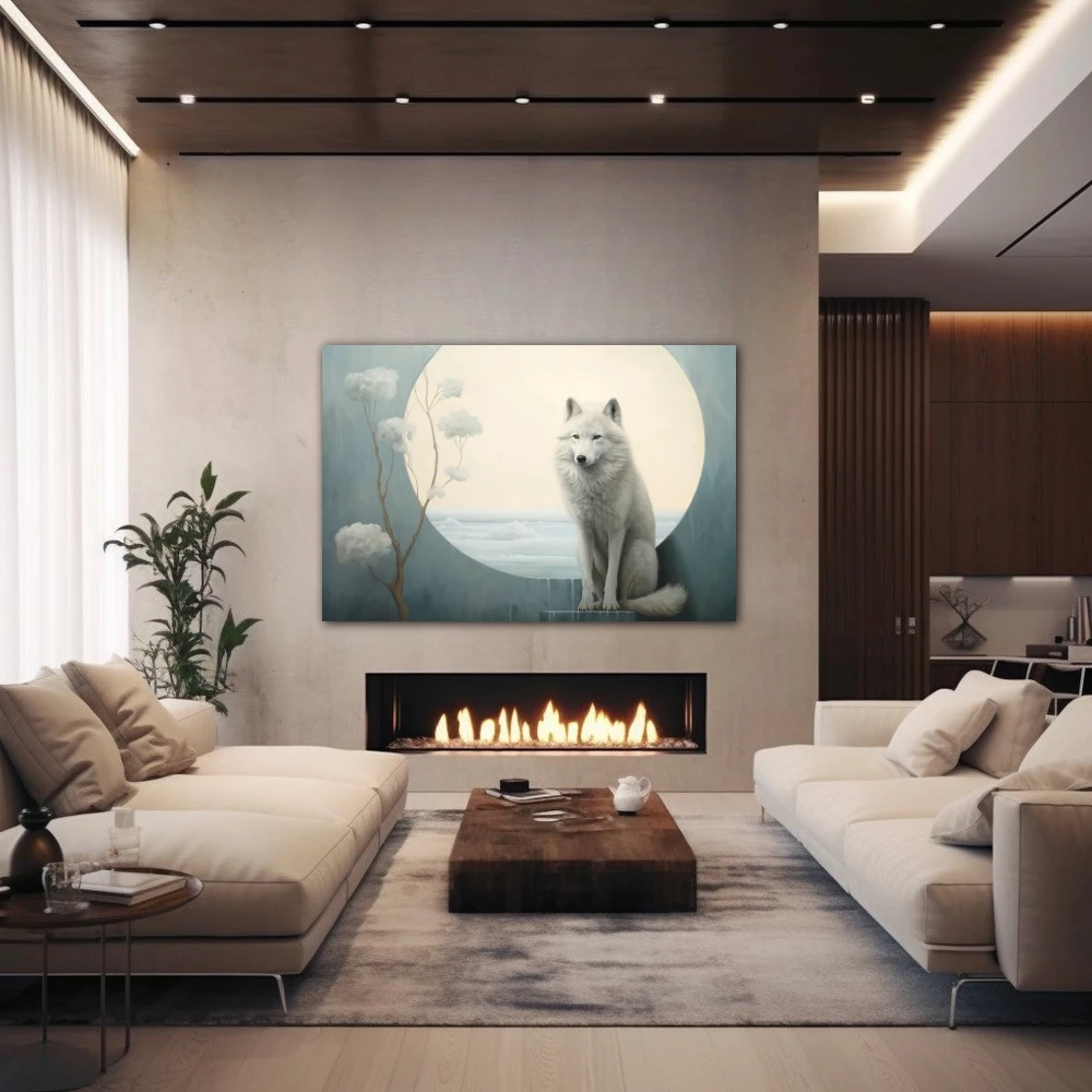 Wall Art titled: Twilight Guardian in a Horizontal format with: white, Grey, and Monochromatic Colors; Decoration the Fireplace wall