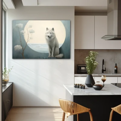 Cuadro Guardián Crepuscular en formato horizontal con colores Blanco, Gris, Monocromático; Decorando pared de Cocina