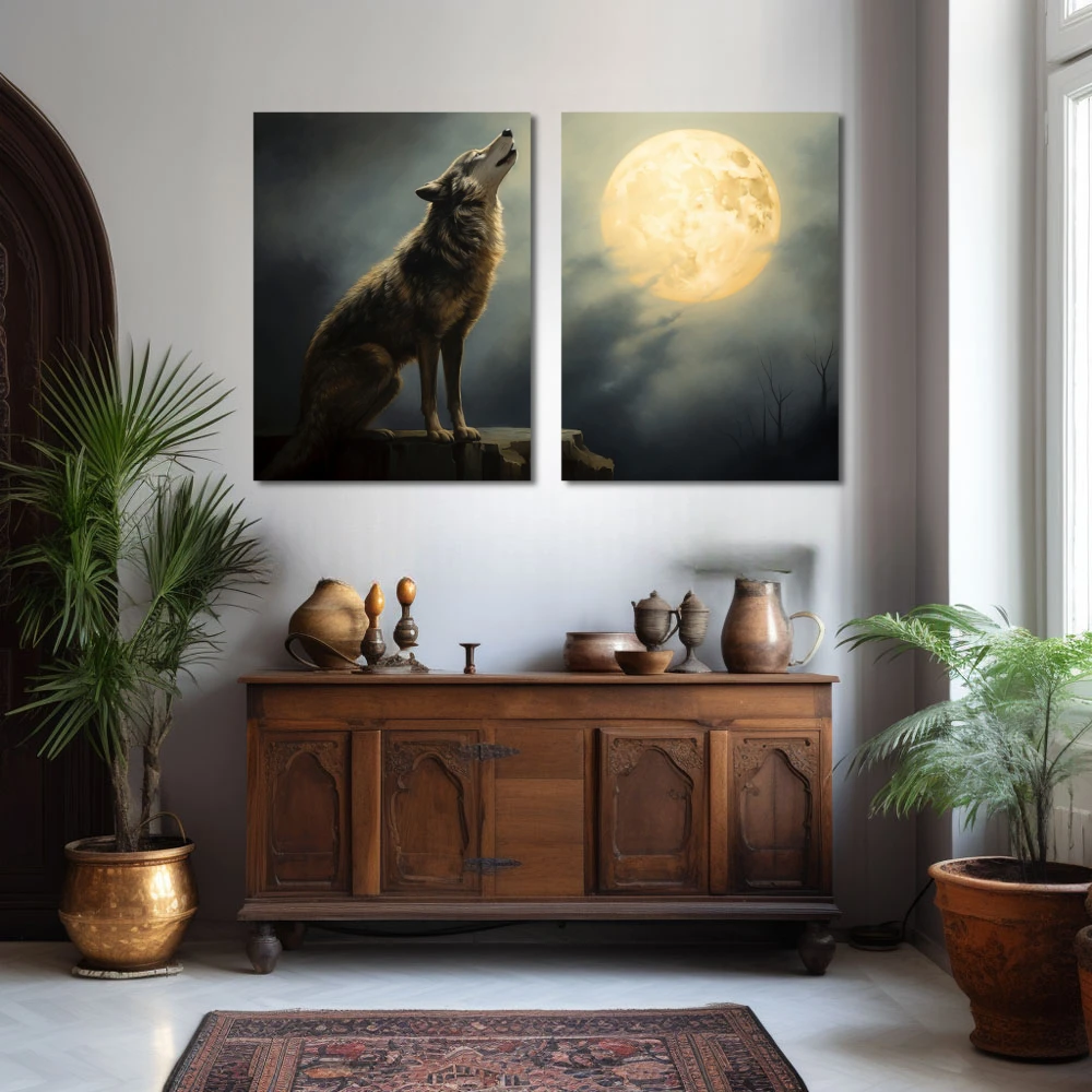 Wall Art titled: Ancestral Lunar Chant in a Horizontal format with: white, Grey, and Monochromatic Colors; Decoration the Sideboard wall