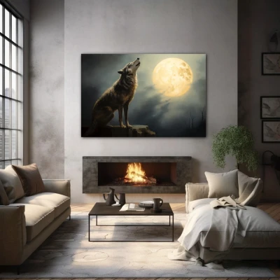 Wall Art titled: Ancestral Lunar Chant in a Horizontal format with: white, Grey, and Monochromatic Colors; Decoration the Fireplace wall