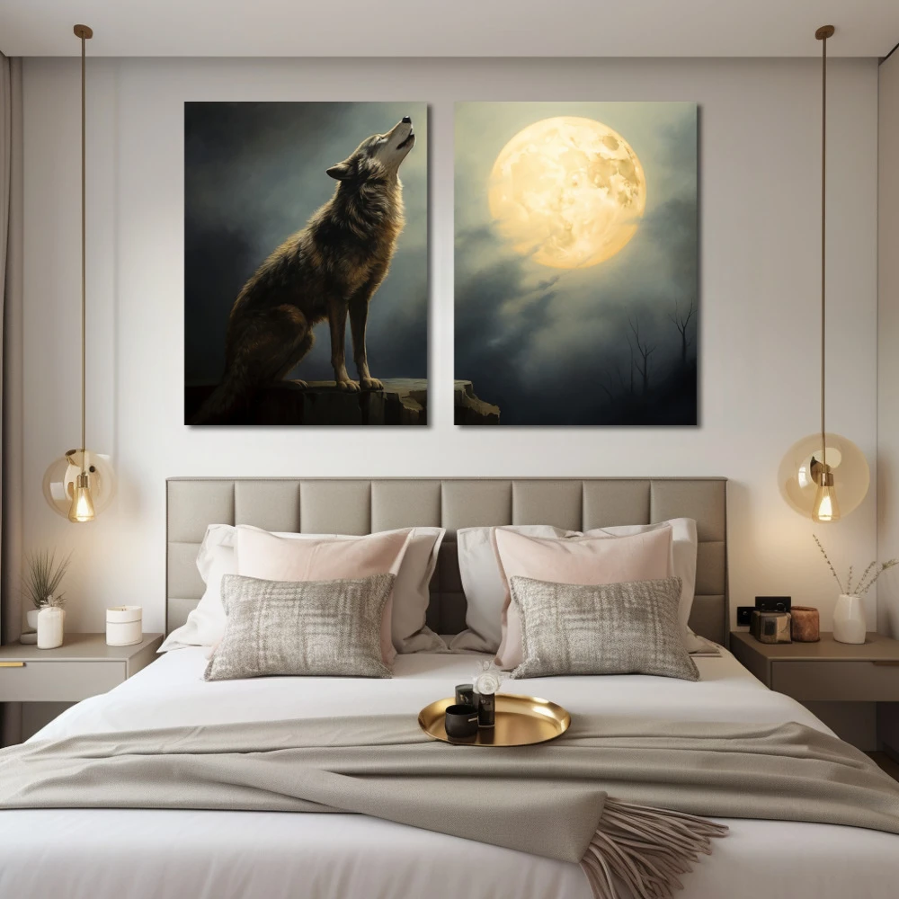 Cuadro cántico lunar ancestral en formato díptico con colores blanco, gris, monocromático; decorando pared de habitación dormitorio