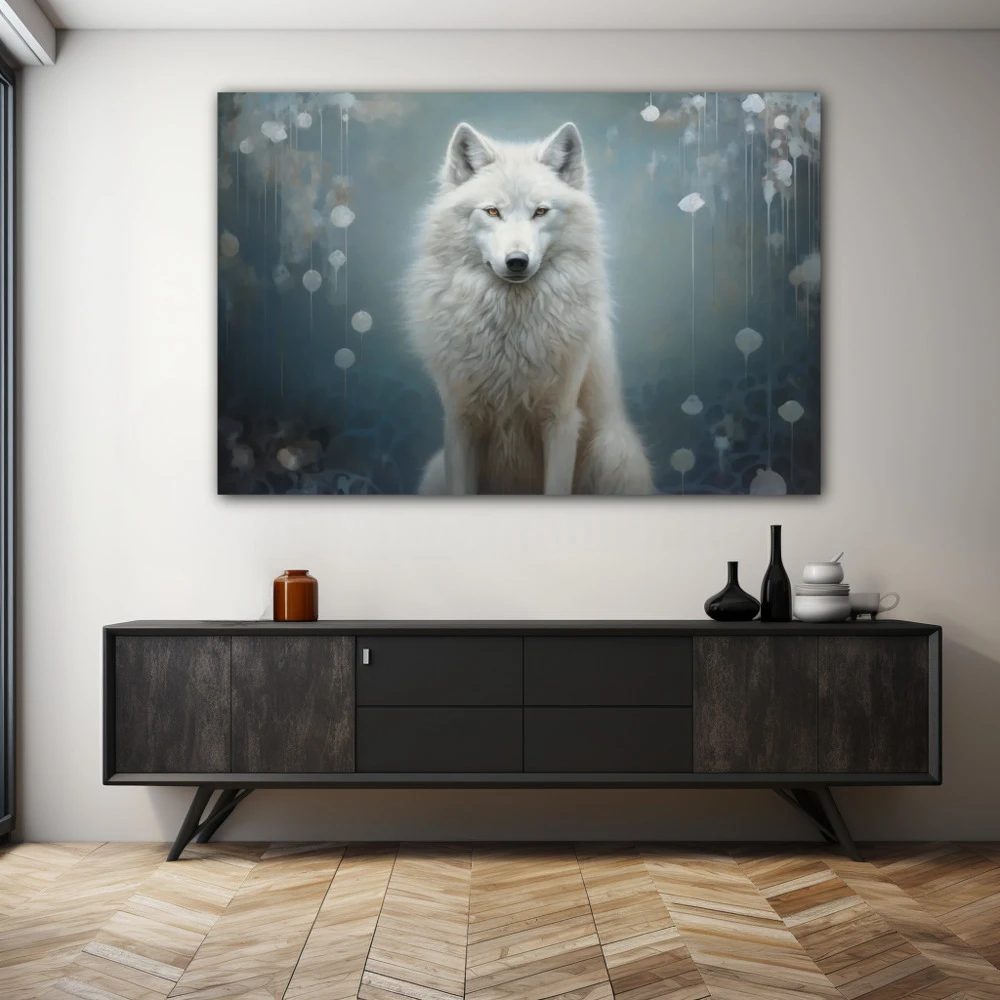 Wall Art titled: Emissary of the Wind in a Horizontal format with: Blue, white, and Monochromatic Colors; Decoration the Sideboard wall
