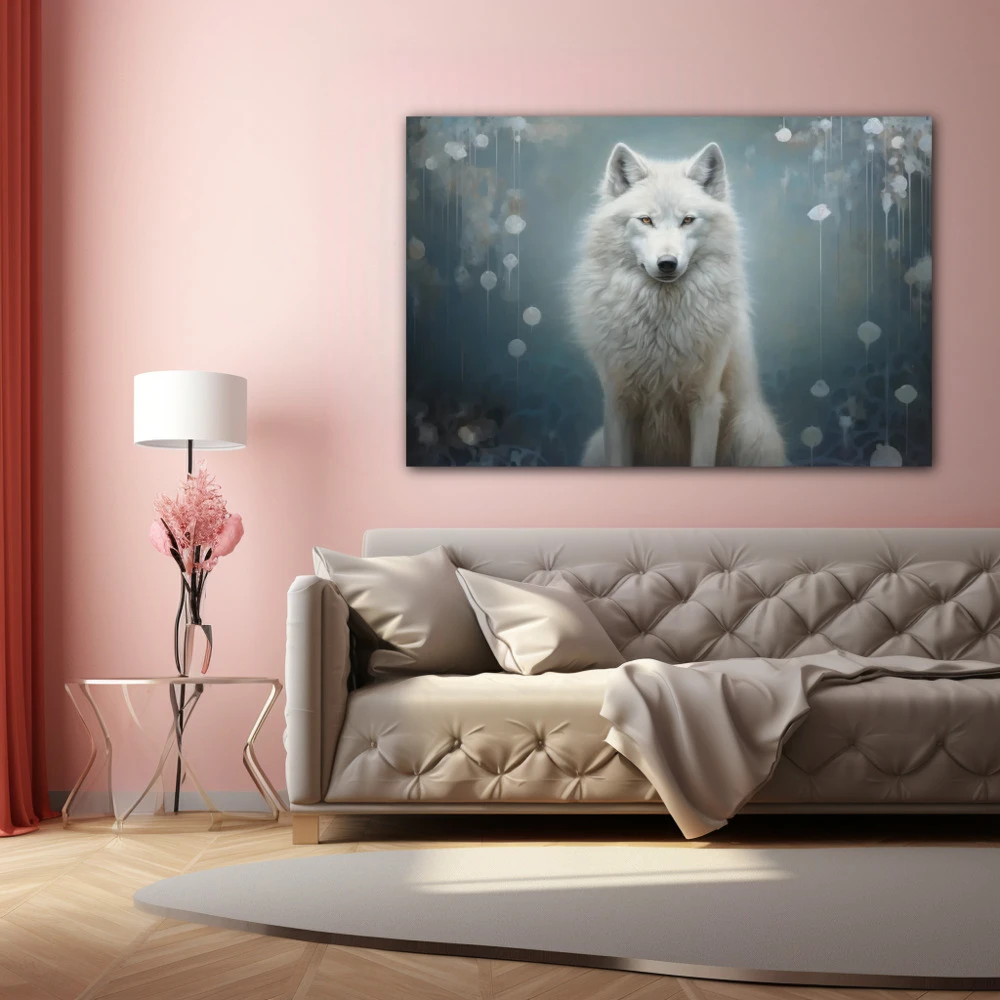 Wall Art titled: Emissary of the Wind in a Horizontal format with: Blue, white, and Monochromatic Colors; Decoration the Above Couch wall