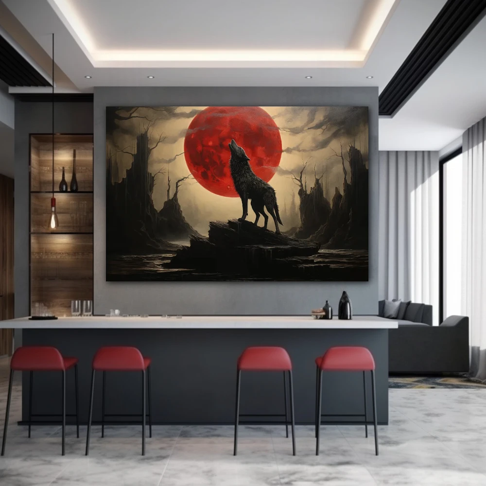 Wall Art titled: Guardian of the Fiery Twilight in a Horizontal format with: Grey, Black, and Red Colors; Decoration the Bar wall