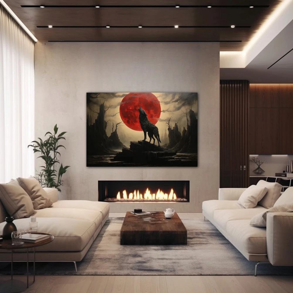 Wall Art titled: Guardian of the Fiery Twilight in a Horizontal format with: Grey, Black, and Red Colors; Decoration the Fireplace wall