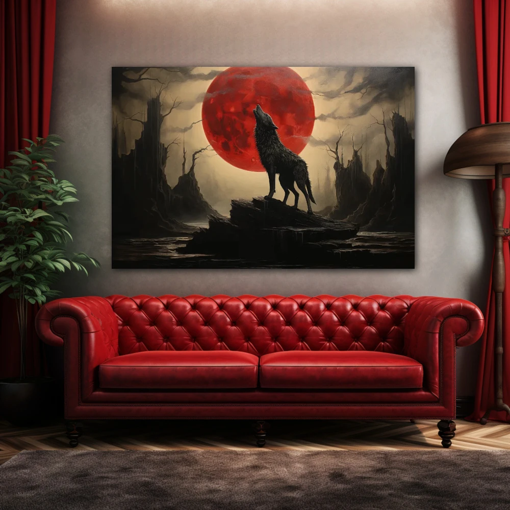 Cuadro guardián del crepúsculo ardiente en formato horizontal con colores gris, negro, rojo; decorando pared de encima del sofá