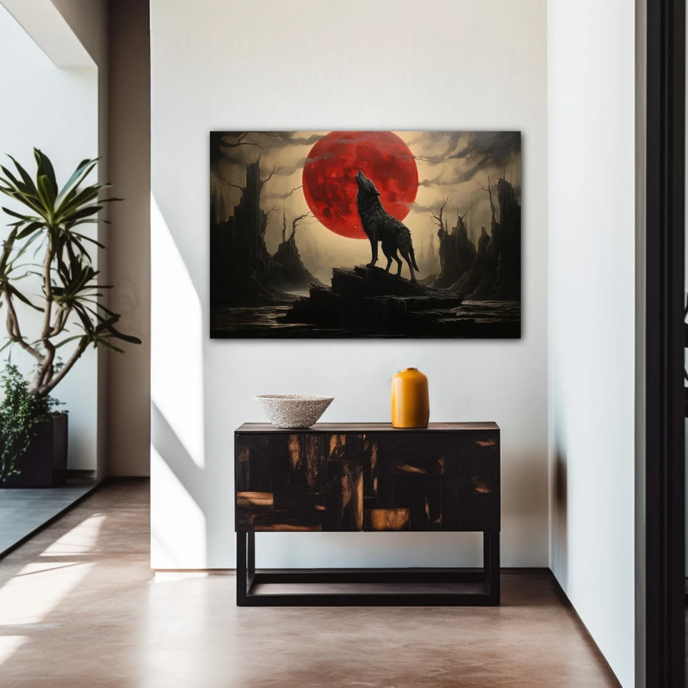 Wall Art titled: Guardian of the Fiery Twilight in a Horizontal format with: Grey, Black, and Red Colors; Decoration the Entryway wall
