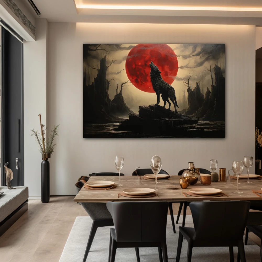 Cuadro guardián del crepúsculo ardiente en formato horizontal con colores gris, negro, rojo; decorando pared de salón comedor